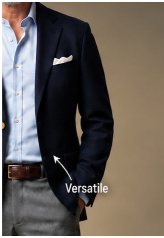 Detalhe do blazer azul-marinho com lenço de bolso e camisa azul-clara