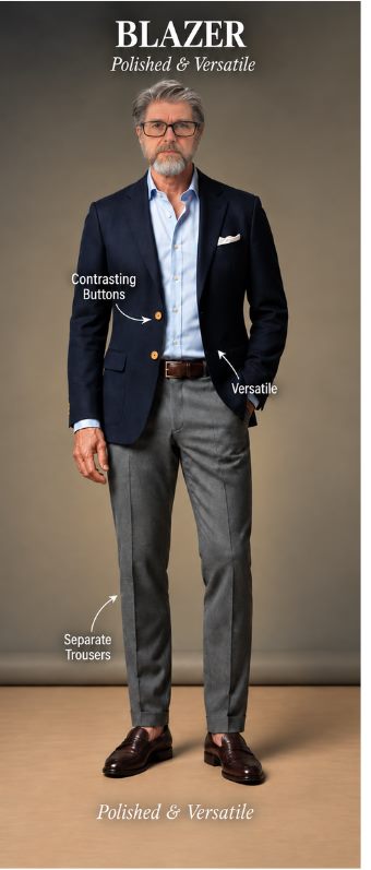 Homem de blazer azul-marinho com calça cinza e mocassim marrom